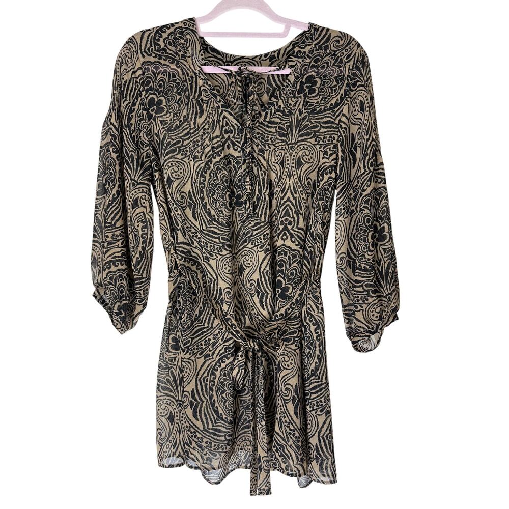 Bellatrix Black & Taupe Semi Sheer V-neck Material‎ Tie Casual Mini Dress Size S